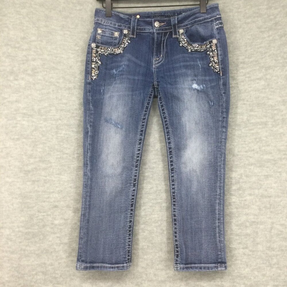 Miss Me Capri Jeans 27 Medium Wash Embellished Flap Pocket MP8326P Bling
